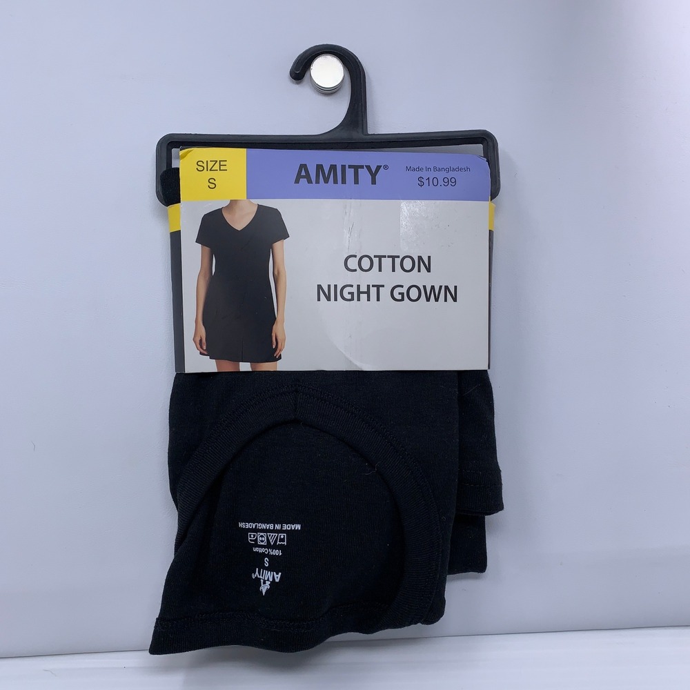 Amity Womens Small Black 100% Cotton V-Neck Short Sleeve Night Gown NWT